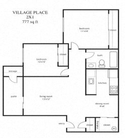 Floor plan for 2 beds, 1 bath, 777 sqft